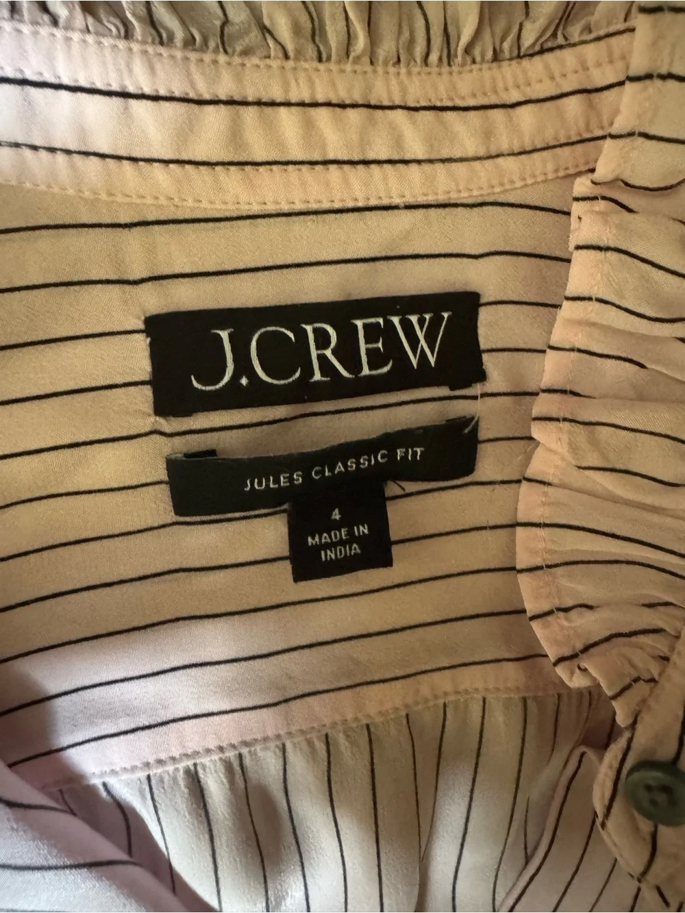 NWOT J. Crew Pink and Black Stripe Ruffle-Collar Button-Up Shirt